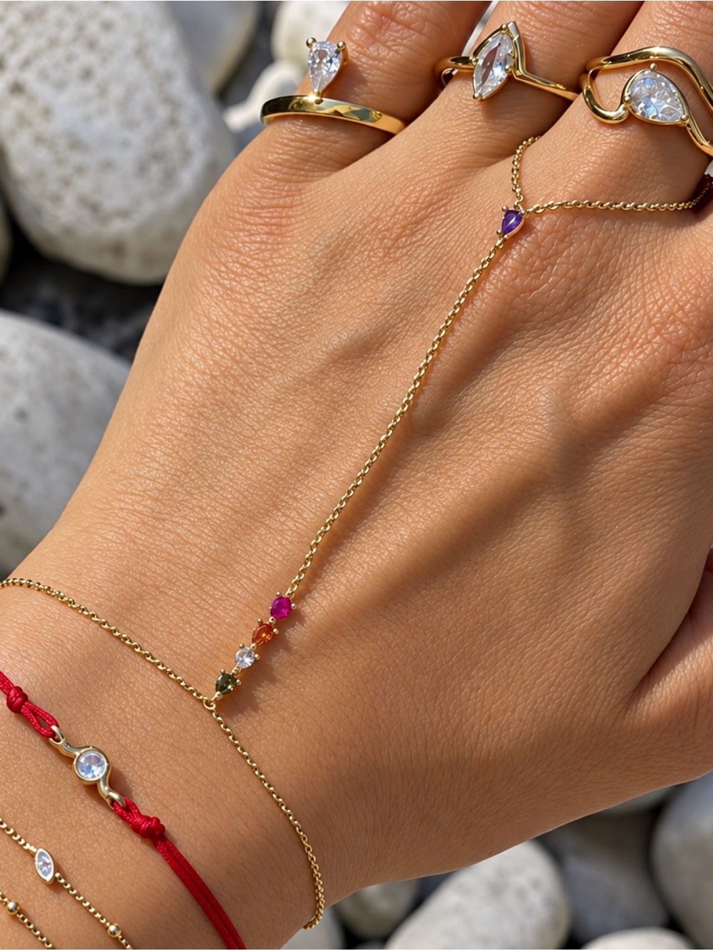 14K Gold Plated Rhodium Hand Chain, Multi-Color Gemstone Slave Bracelet